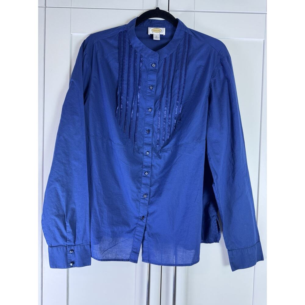 Talbots Womens XL Blue Pintuck Button Front Blouse Long Sleeve Office Preppy